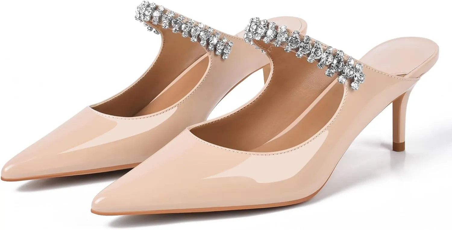 XINIUNIU Heeled Mules for Women Rhinestone Heels Pointed Toe Slip On 2.5 Inch Kitten Stiletto Closed Toe Sandals Dress Wedding Pump Shoes