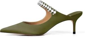 XINIUNIU Heeled Mules for Women Rhinestone Heels Pointed Toe Slip On 2.5 Inch Kitten Stiletto Closed Toe Sandals Dress Wedding Pump Shoes