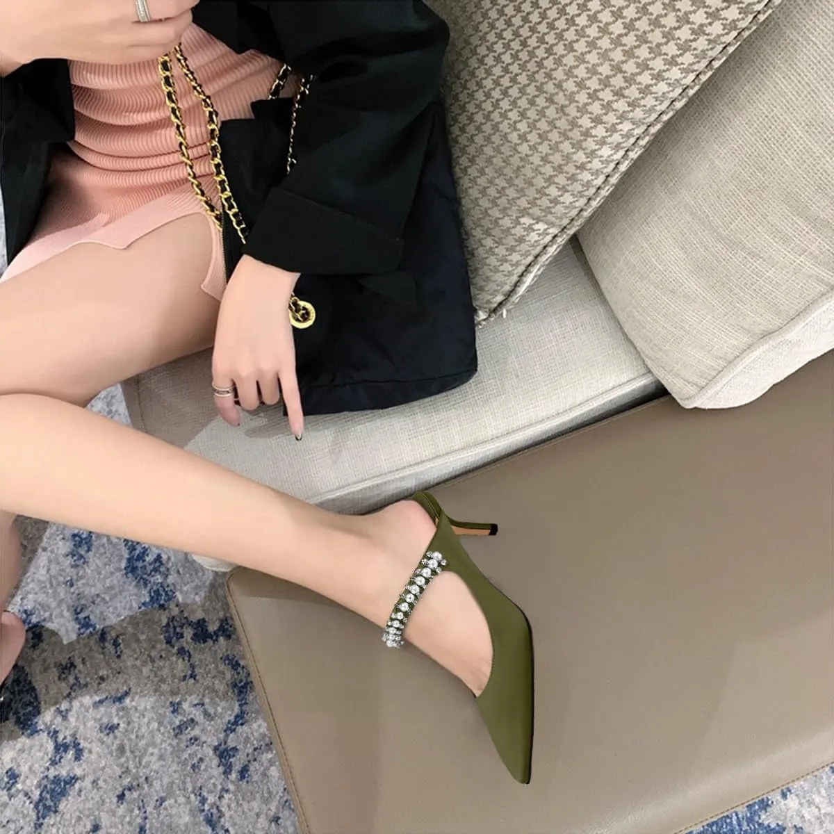 XINIUNIU Heeled Mules for Women Rhinestone Heels Pointed Toe Slip On 2.5 Inch Kitten Stiletto Closed Toe Sandals Dress Wedding Pump Shoes
