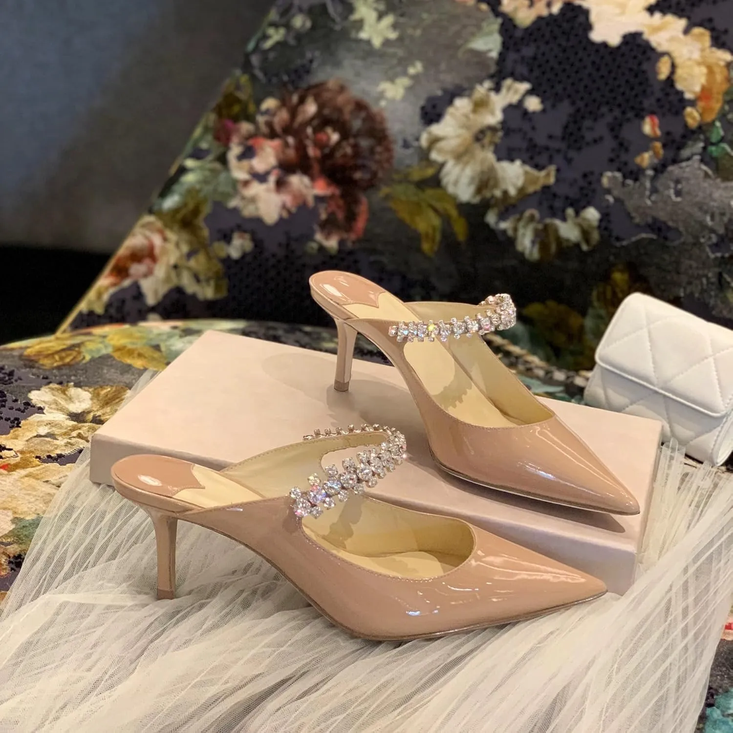 XINIUNIU Heeled Mules for Women Rhinestone Heels Pointed Toe Slip On 2.5 Inch Kitten Stiletto Closed Toe Sandals Dress Wedding Pump Shoes