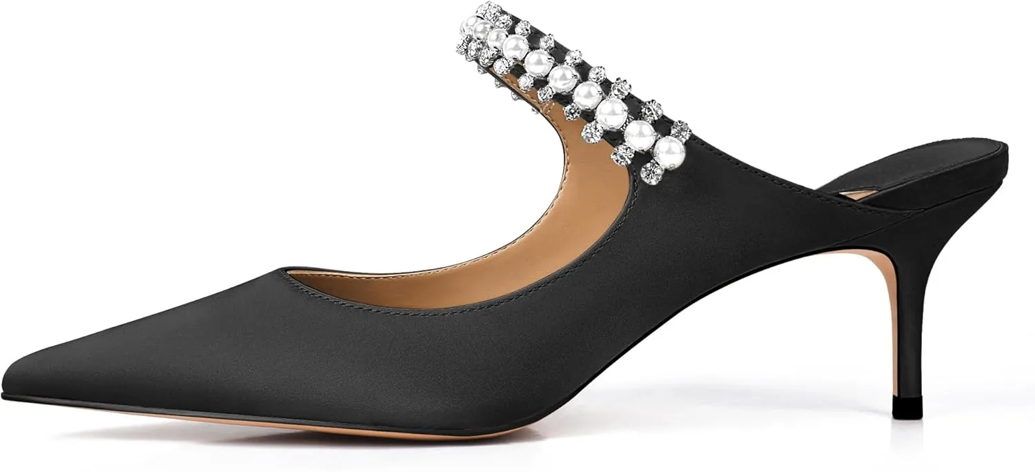 XINIUNIU Heeled Mules for Women Rhinestone Heels Pointed Toe Slip On 2.5 Inch Kitten Stiletto Closed Toe Sandals Dress Wedding Pump Shoes