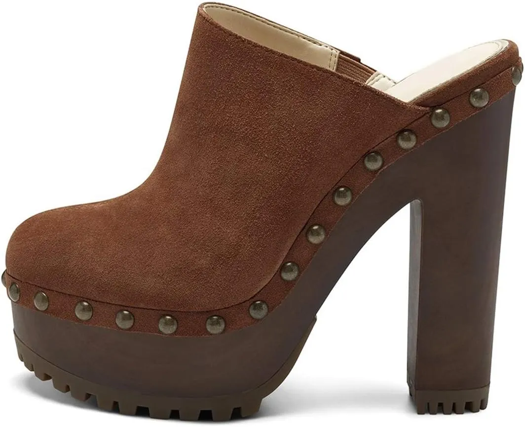XYD Cork Platform Super High Heels Mules for Women Chunky Block Studded Closed Round Toe Slides Sandals Backless Fashion Dress Club Shoes