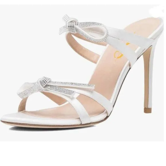 XYD White Dress Round Open Toe Cute Bow Sandals High Heel Strappy Party Mule