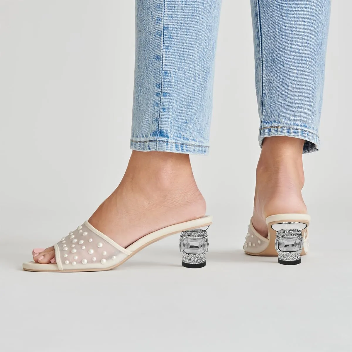 XYD Women Elegant Mesh Pearl Slides Open Toe Slip On Sandals Crystal Low Heel Mules Resort Evening Shoes