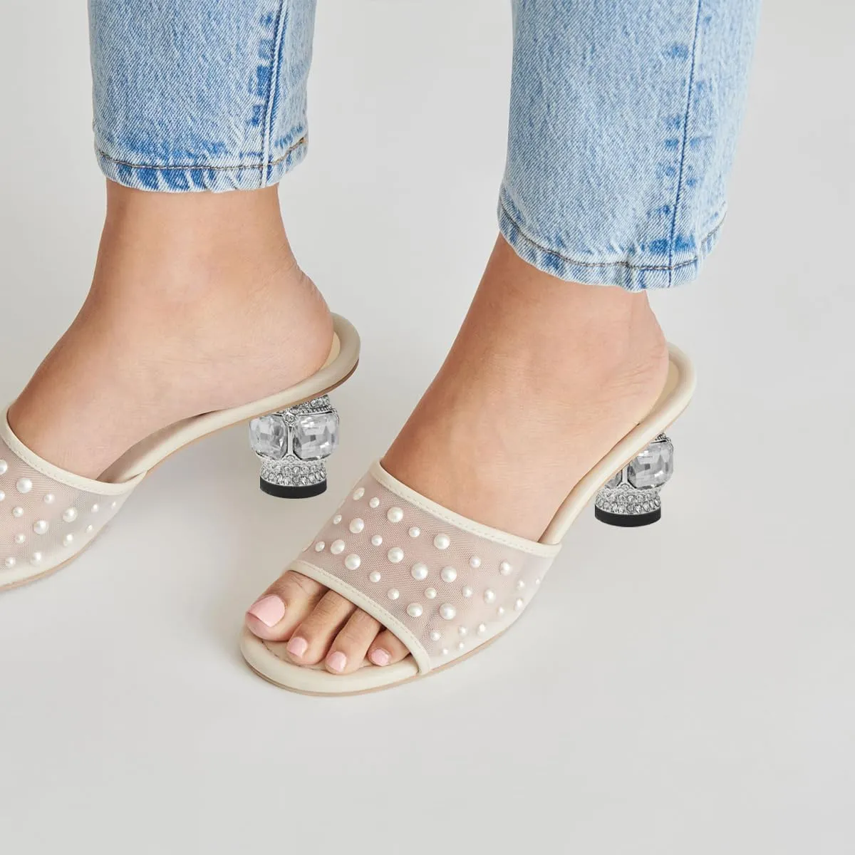 XYD Women Elegant Mesh Pearl Slides Open Toe Slip On Sandals Crystal Low Heel Mules Resort Evening Shoes