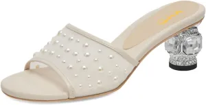 XYD Women Elegant Mesh Pearl Slides Open Toe Slip On Sandals Crystal Low Heel Mules Resort Evening Shoes