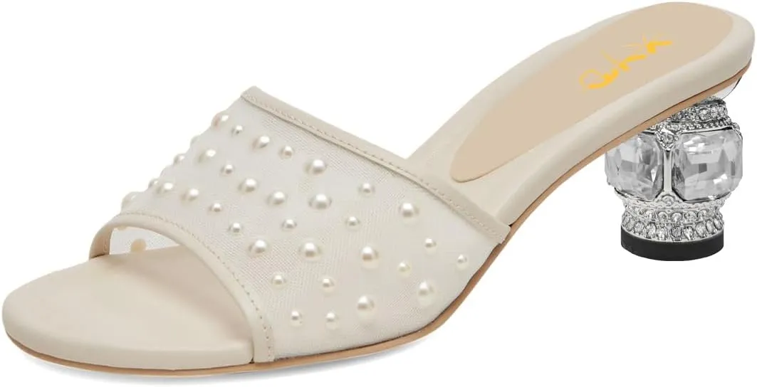 XYD Women Elegant Mesh Pearl Slides Open Toe Slip On Sandals Crystal Low Heel Mules Resort Evening Shoes
