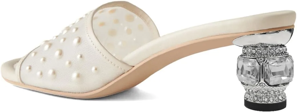 XYD Women Elegant Mesh Pearl Slides Open Toe Slip On Sandals Crystal Low Heel Mules Resort Evening Shoes