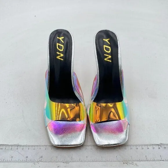 YDN Colorful Crystal Chunky High Heel Mule Transparent Open Toe Backless Sandals