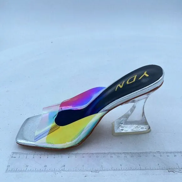 YDN Colorful Crystal Chunky High Heel Mule Transparent Open Toe Backless Sandals