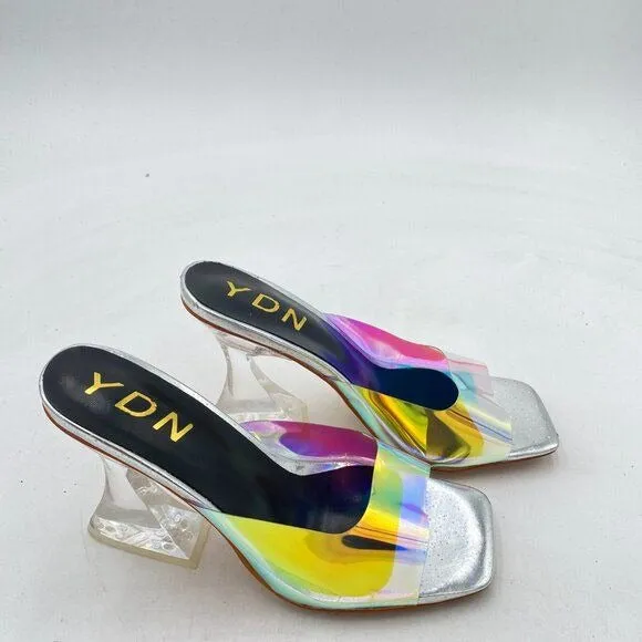 YDN Colorful Crystal Chunky High Heel Mule Transparent Open Toe Backless Sandals