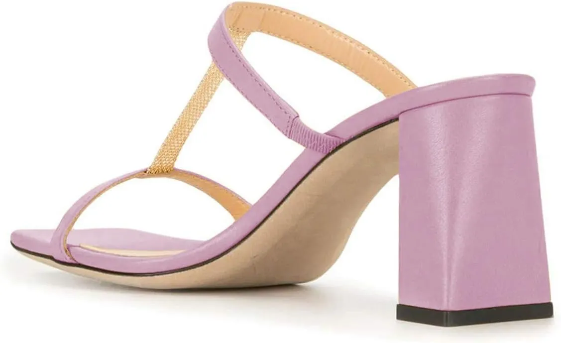 YDN Women Comfort Block High Chunky Heel T-Strap Slide Mule Sandals Fashion Open Square Toe Slip On Slipper Summer Dressy Shoes
