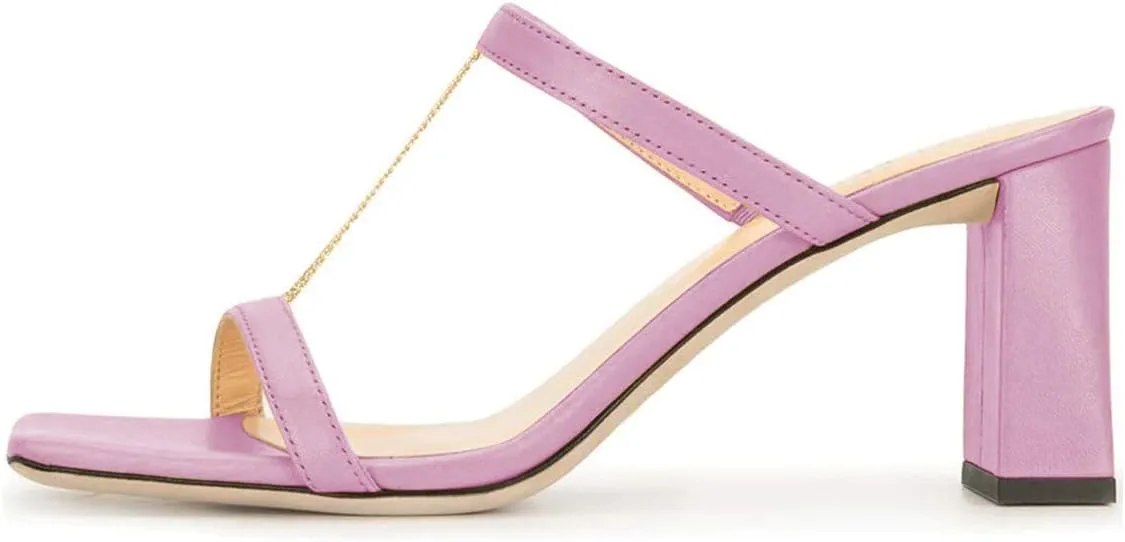 YDN Women Comfort Block High Chunky Heel T-Strap Slide Mule Sandals Fashion Open Square Toe Slip On Slipper Summer Dressy Shoes