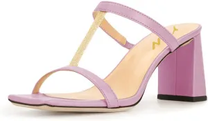 YDN Women Comfort Block High Chunky Heel T-Strap Slide Mule Sandals Fashion Open Square Toe Slip On Slipper Summer Dressy Shoes