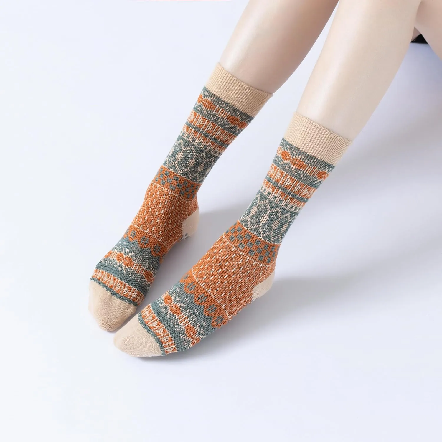 Yoga Pilates Socks with Grips for Women Knit Patterned Non Slip Cushioned Crew Socks for Barre Ballet Dance