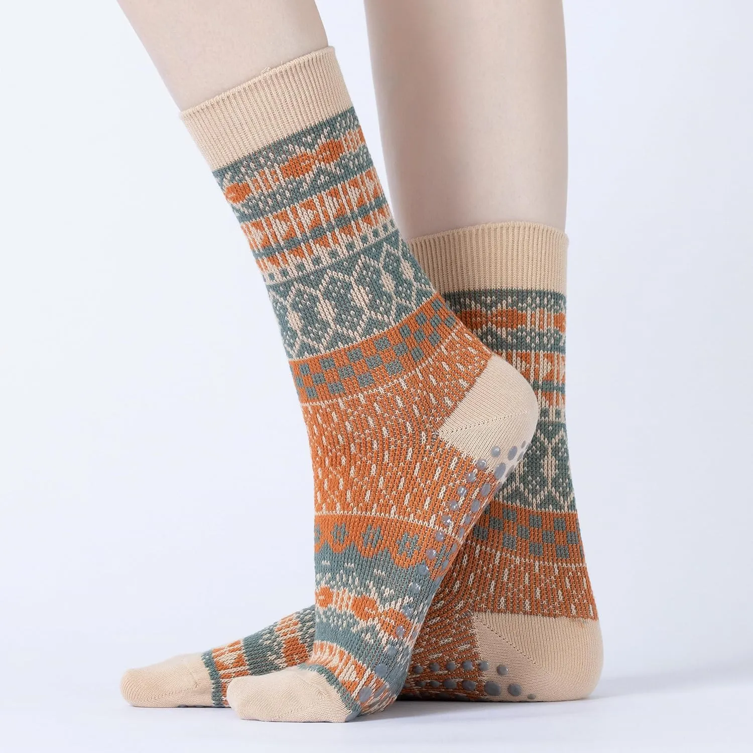 Yoga Pilates Socks with Grips for Women Knit Patterned Non Slip Cushioned Crew Socks for Barre Ballet Dance