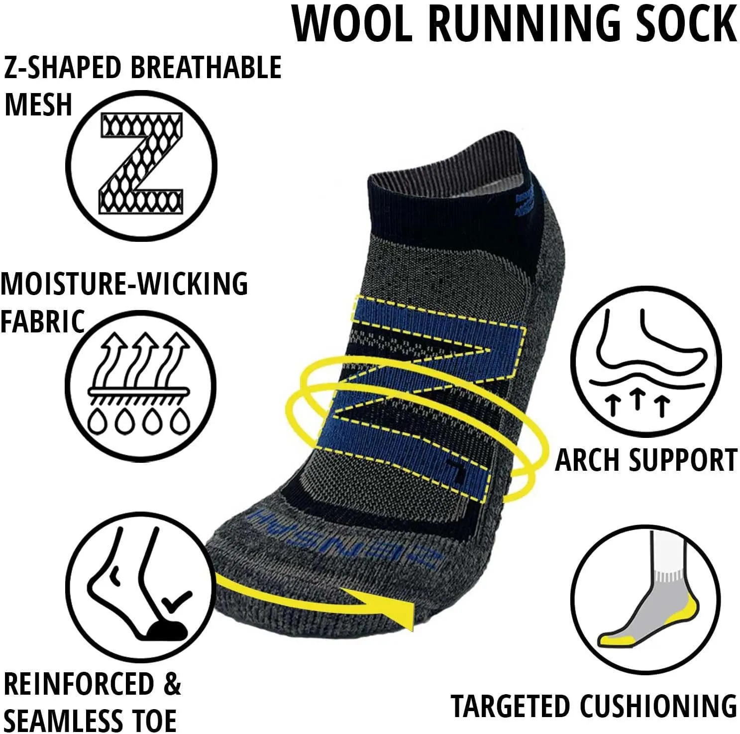 Zensah Wool Running Socks - Soft Cushioned Merino Wool, Moisture Wicking, Anti-Blister - Athletic Socks, Trail Socks