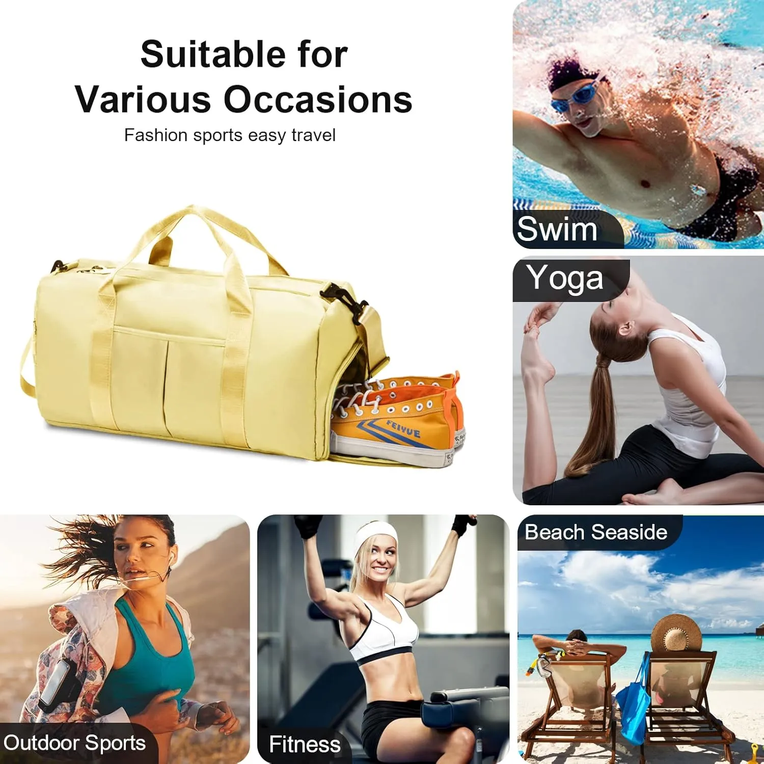 ZGWJ Sports Gym Bag with Wet Pocket & Shoes Compartment, Waterproof Shoulder Weekender Bag for Women and Men Swim Sports Travel Gym Bag Lightweight and easy Carry on Beige