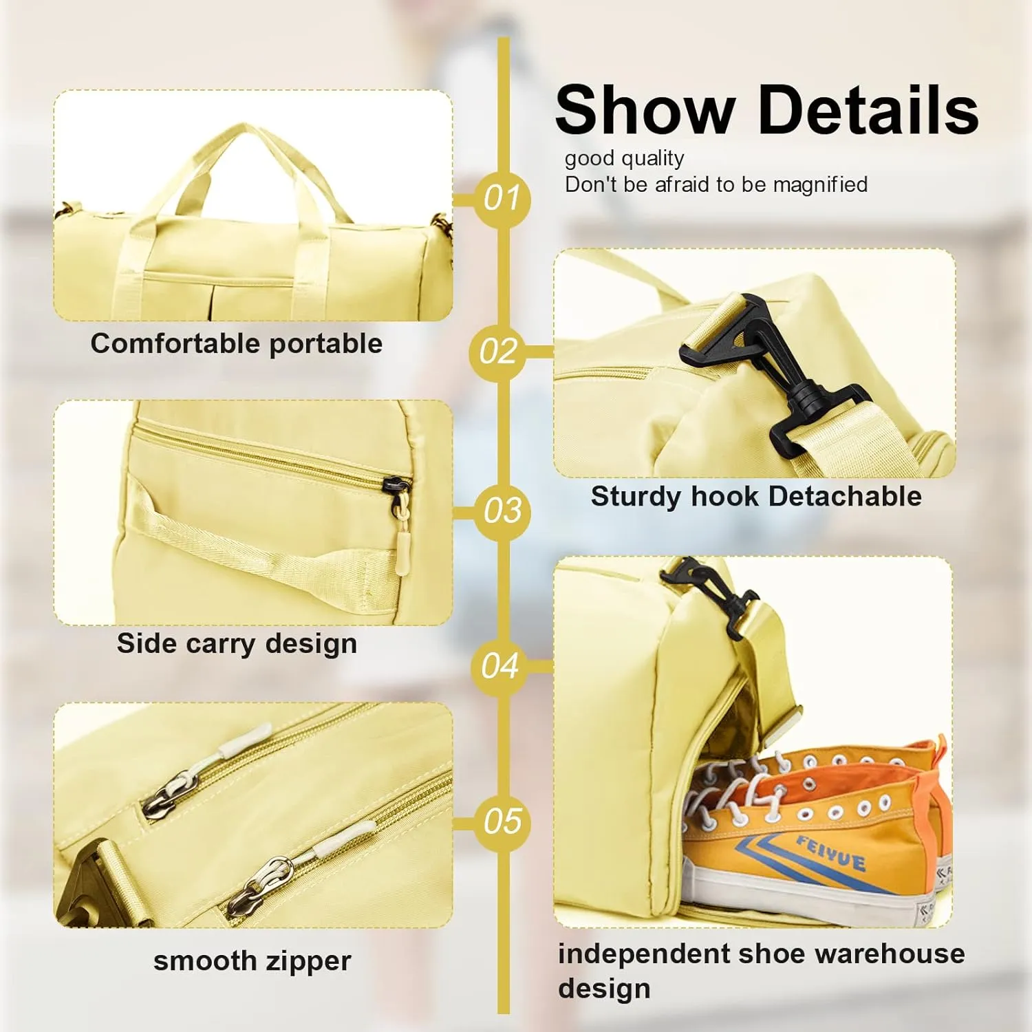 ZGWJ Sports Gym Bag with Wet Pocket & Shoes Compartment, Waterproof Shoulder Weekender Bag for Women and Men Swim Sports Travel Gym Bag Lightweight and easy Carry on Beige
