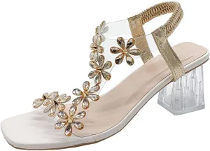 Zureto Women's Flower Rhinestone Block Heel Sandals, Fashion Clear Floral Crystal Block Heel Sandals Square Elastic Open Toe High Heels Shoes